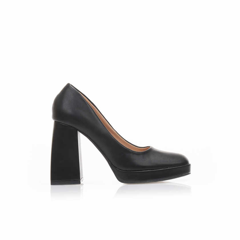Pantofi cu tocuri Negri imitație de piele cu fiapa și vârf pătrat