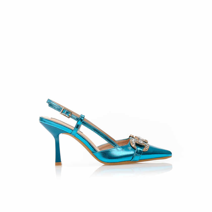 Pantofi cu tocuri Mules Albastru metalizat imitație de piele cu cataramă decorativă cu strasuri și toc special