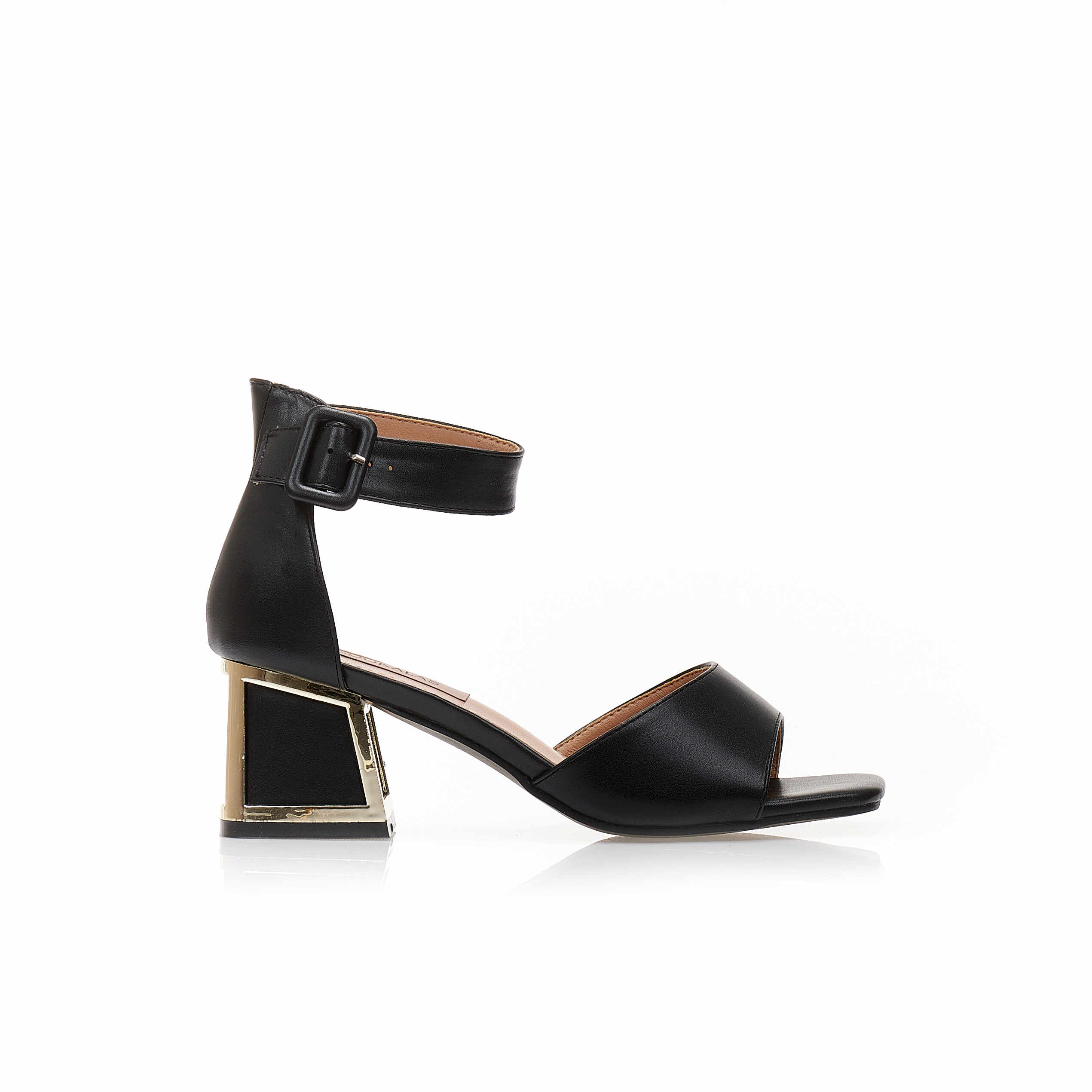 Sandale cu toc Negre imitație de piele cu design special la toc și vârf pătrat
