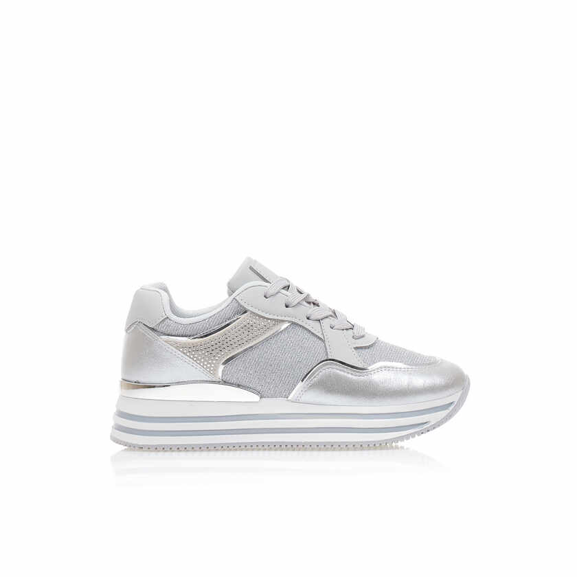 Pantofi sport Argintiu imitație de piele cu detalii lurex și strasuri