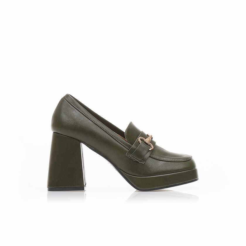 Pantofi cu tocuri Măsliniu imitație de piele cu cataramă metalică Aurie