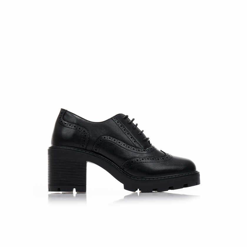 Pantofi cu tocuri loafers Negru imitație de piele cu design perforat și șireturi