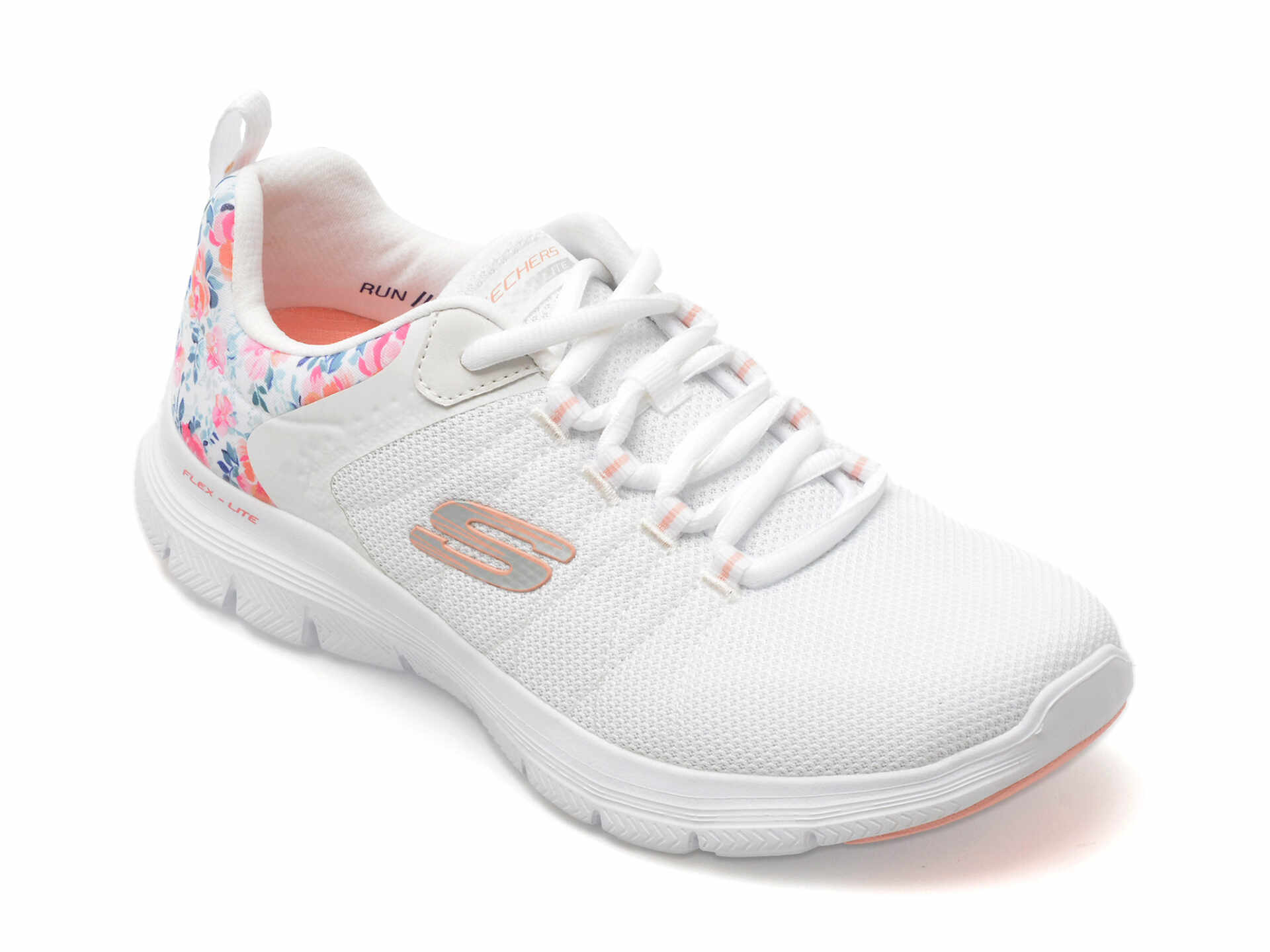 Pantofi sport SKECHERS albi, FLEX APPEAL 4.0, din material textil
