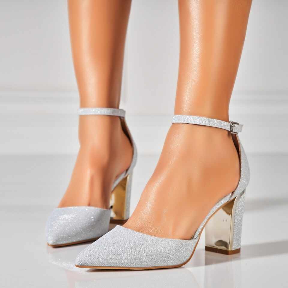Pantofi dama cu toc Argintii din Glitter Juelz