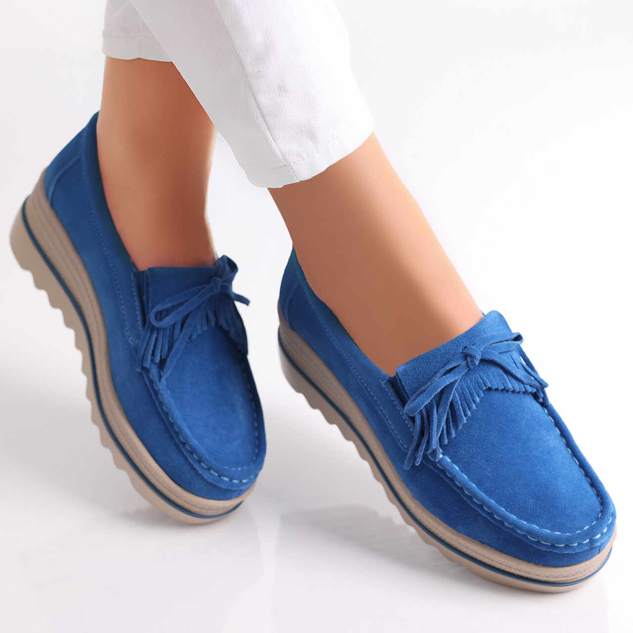 Pantofi dama cu platforma Albastri din Piele Naturala Intoarsa Asion