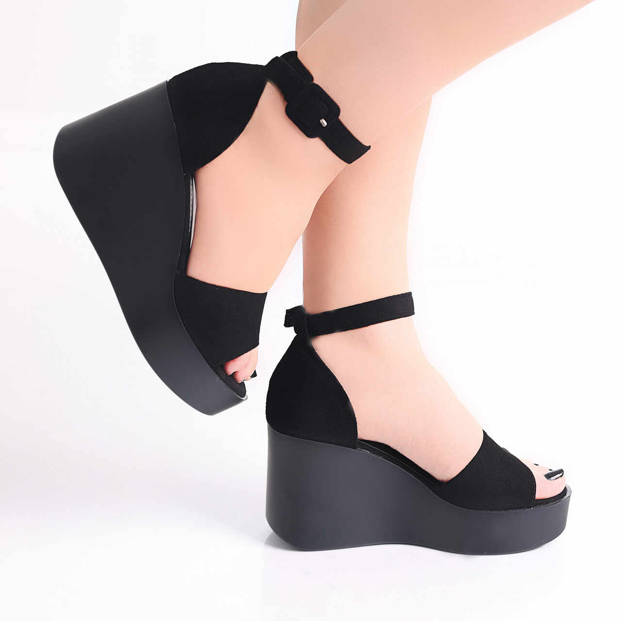 Sandale dama cu platforma Negre din Piele Ecologica Intoarsa Arila