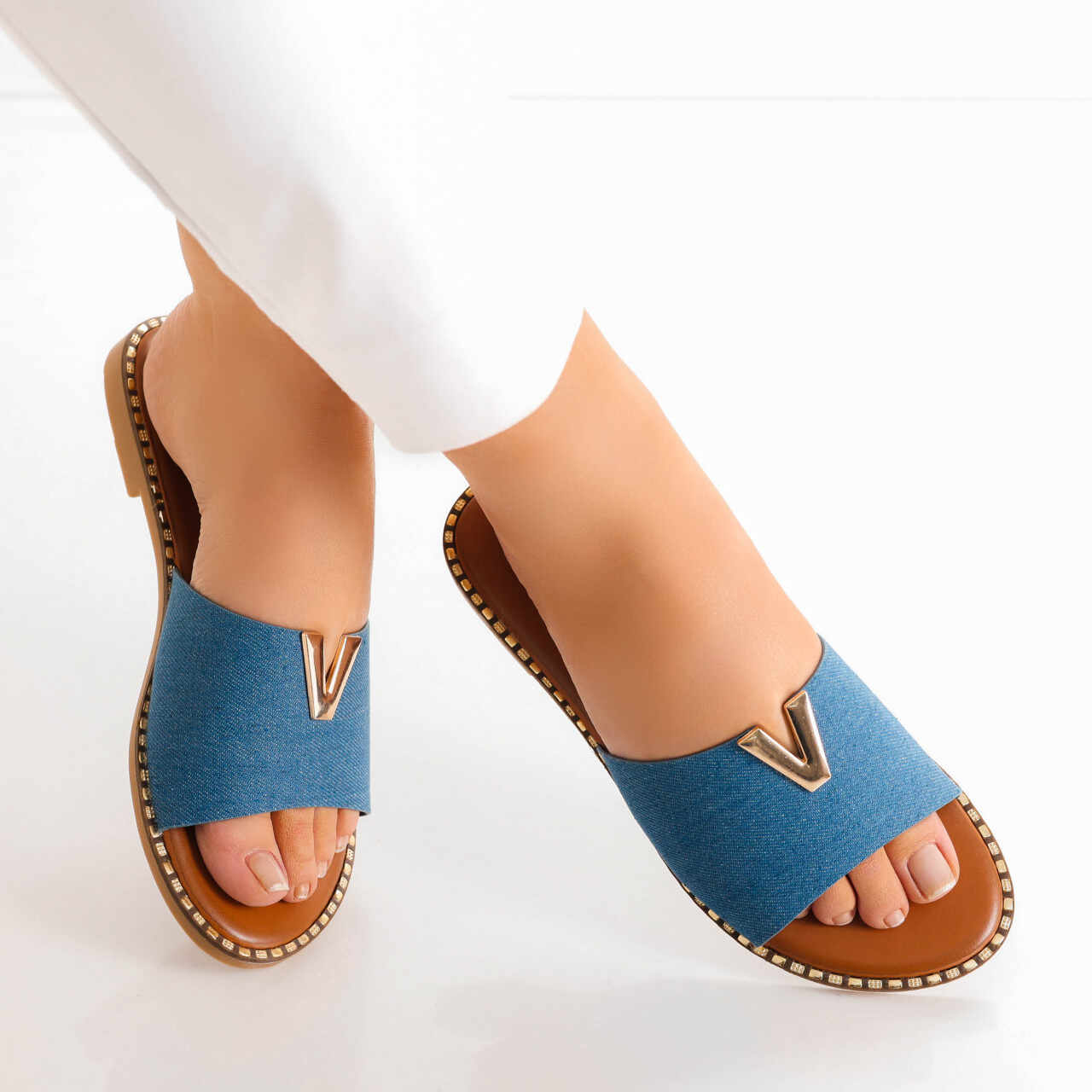 Papuci dama fara toc Albastri din Piele Eco/textil Dalto