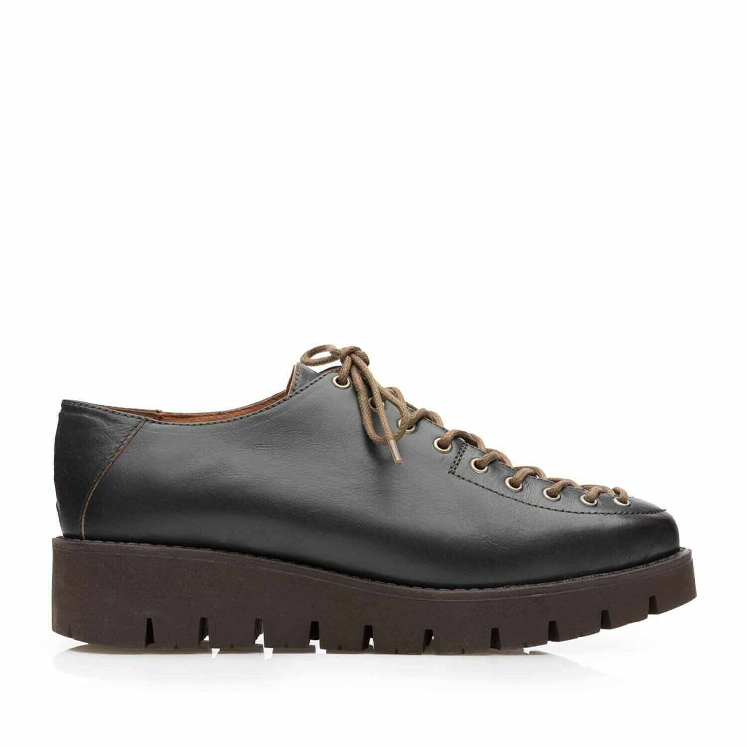 Pantofi casual cu siret pana in varfdama din piele naturala, Leofex - 194 Gri inchis Box