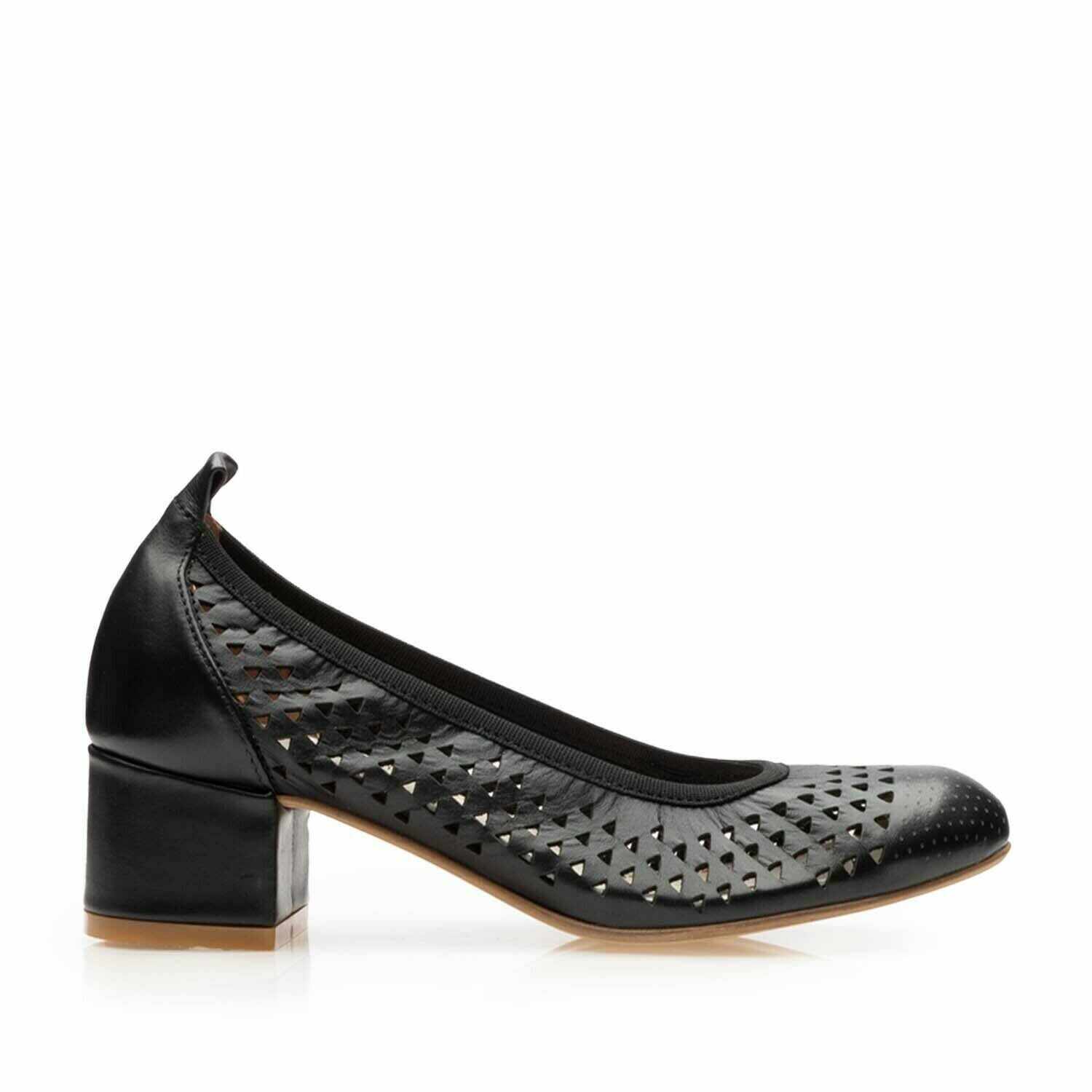 Pantofi casual cu toc damă, perforati din piele naturală, Leofex - 248 Negru box