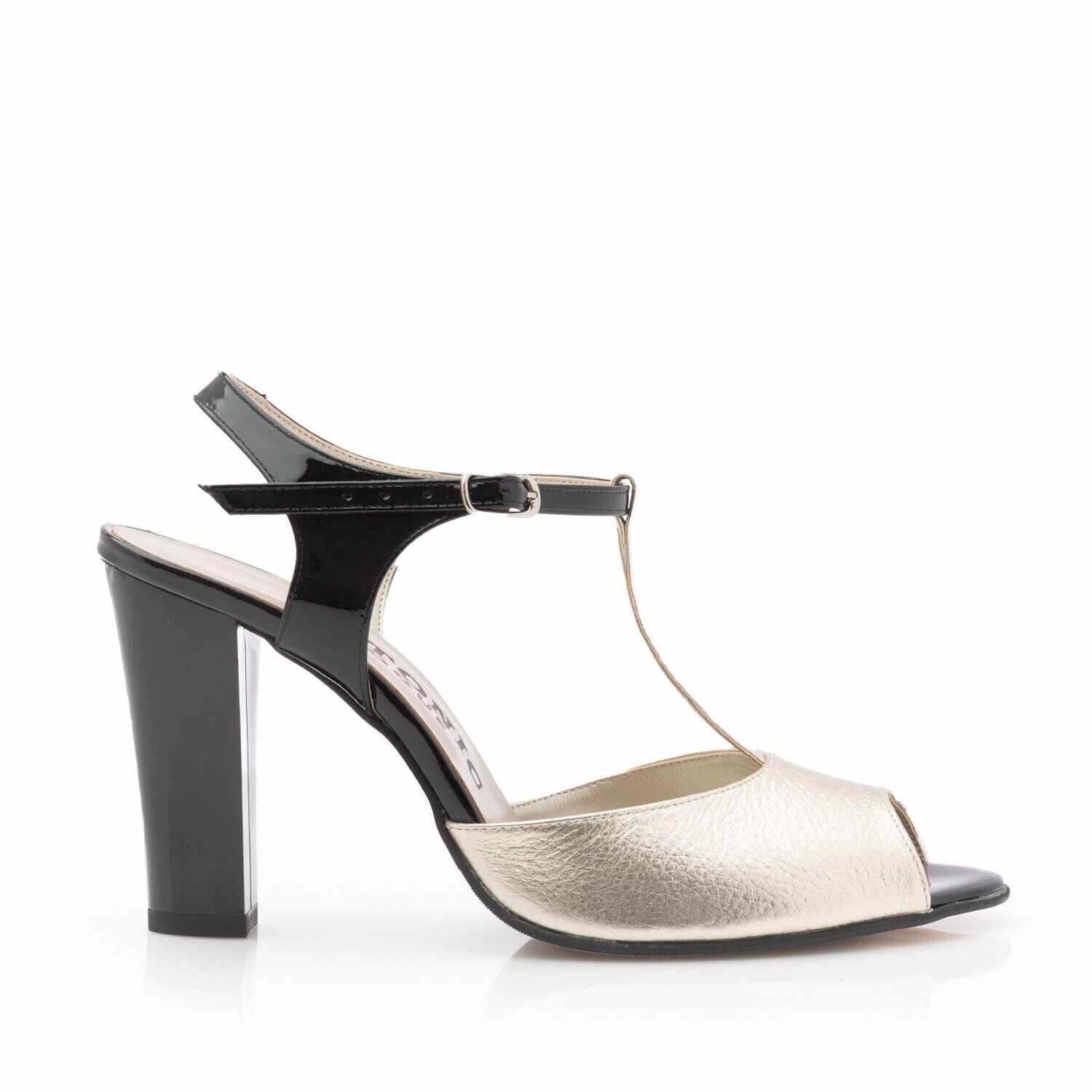 Sandale elegante damă cu toc din piele naturală - 25721 Auriu+Negru Box