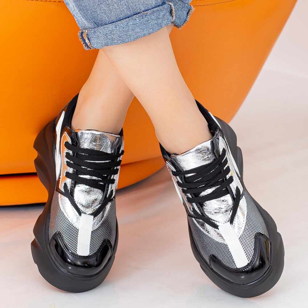 Pantofi Sport Dama cu Platforma 191 PSDP Black-Silver | Sport Fashion