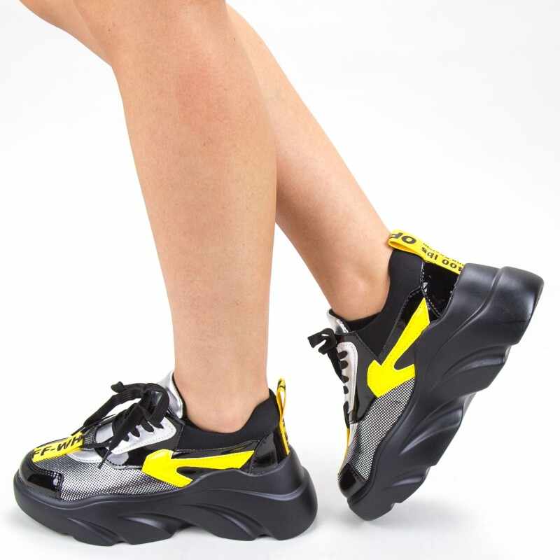 Pantofi Sport Dama cu Platforma 191 PSDP Black-Yellow | Sport Fashion