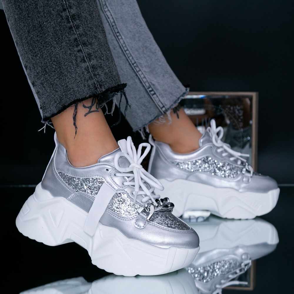Pantofi Sport Dama cu Platforma WL123 Argintiu | Mei