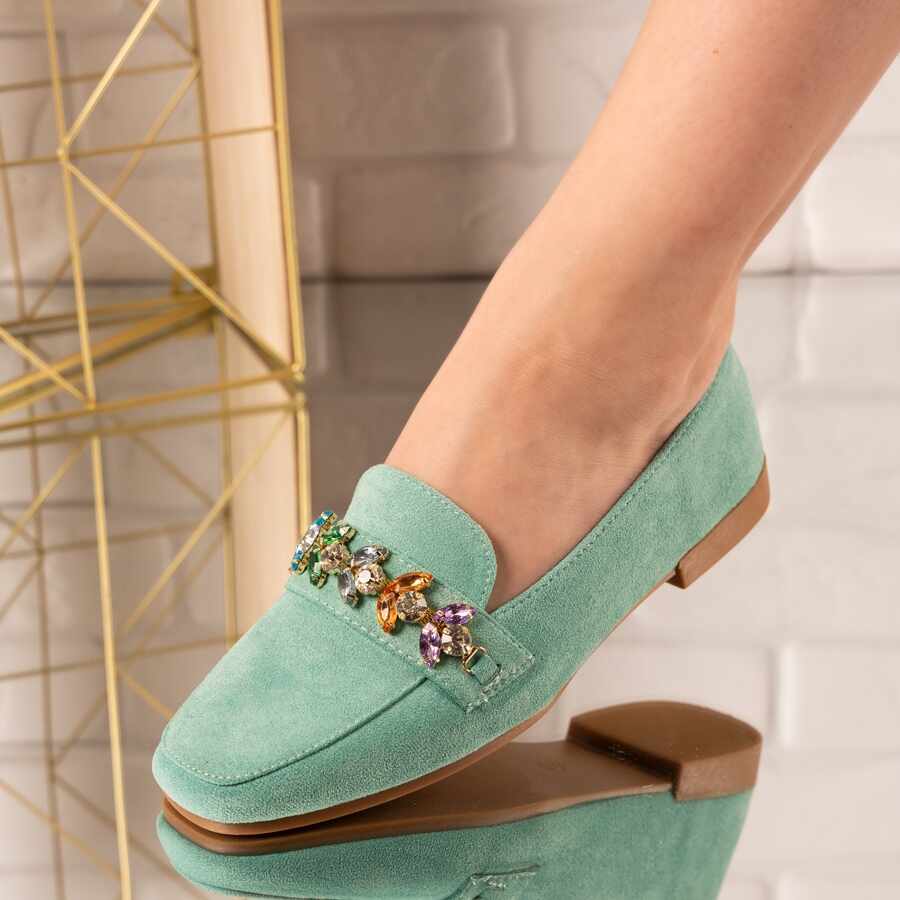 Pantofi casual din piele ecologica intoarsa cu accesorii de cristal colorate Verzi Zonta Marimea 40