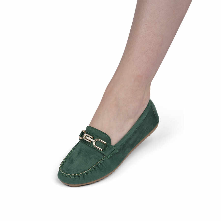 Pantofi dama casual din piele ecologica intoarsa cu accesoriu Verzi Carolina Marimea 39